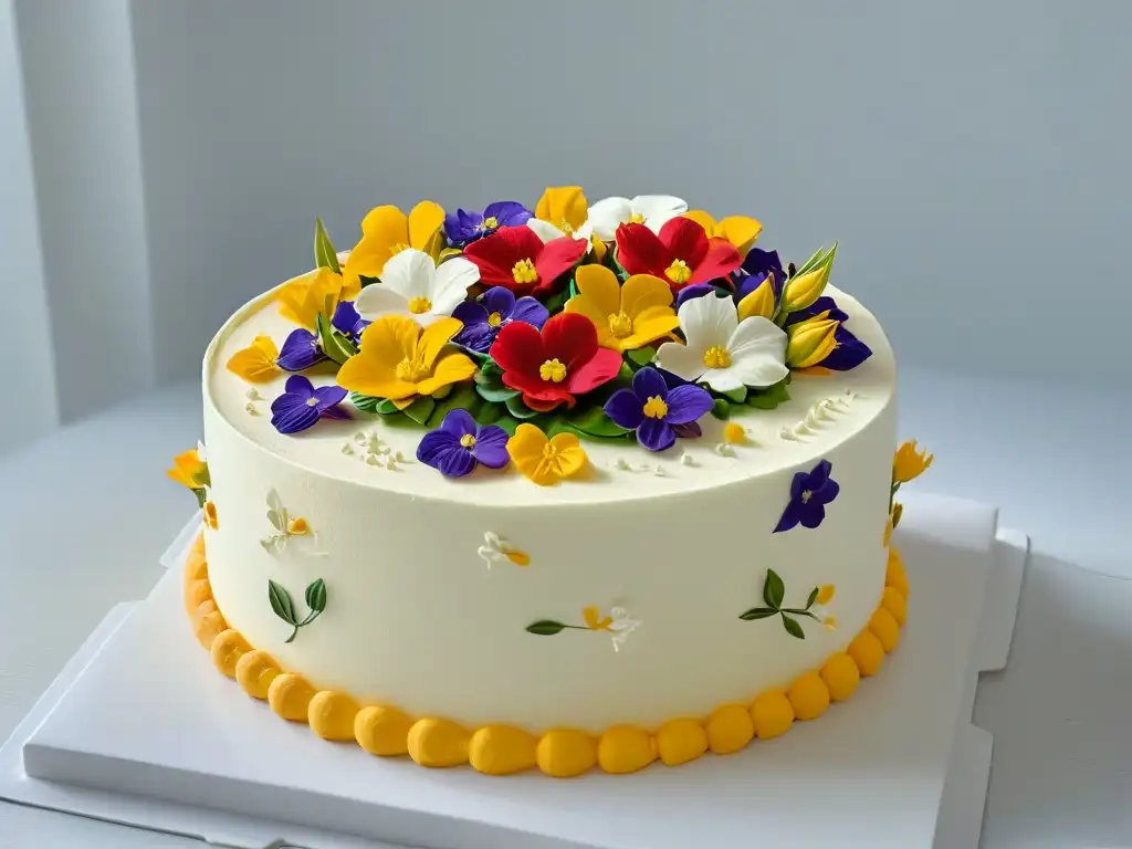 Exquisita tarta sin gluten decorada con flores comestibles y detalles delicados, sobre un elegante pedestal, en un fondo blanco limpio