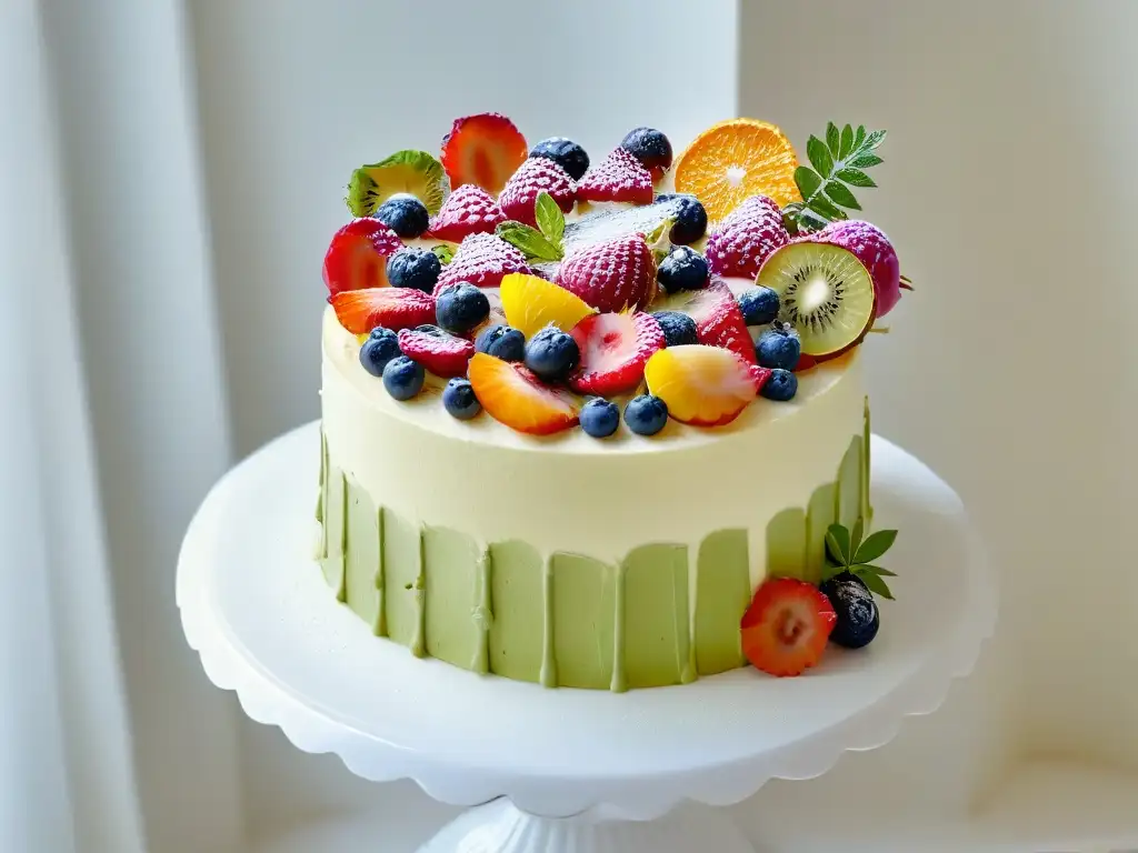 Exquisita tarta sin gluten con frutas frescas y flores comestibles, en un fondo blanco minimalista