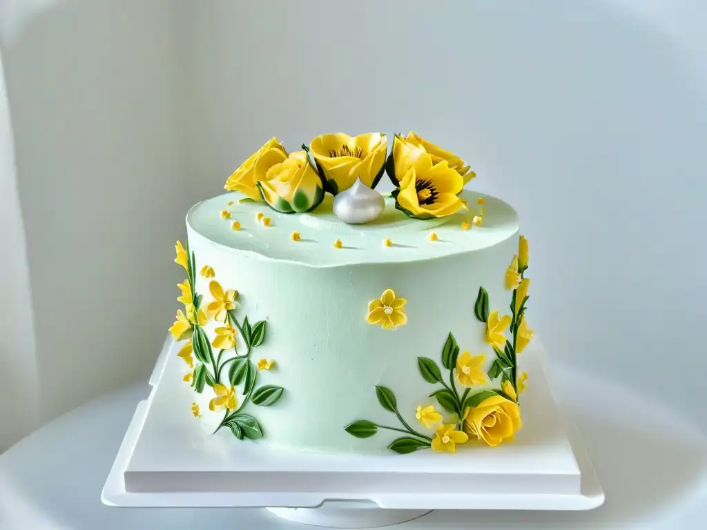 Exquisita tarta vegana decorada con detalle y elegancia Una exquisita tarta gourmet vegana decorada con detalle y elegancia sobre un soporte blanco, destacando la repostería gourmet vegana fácil