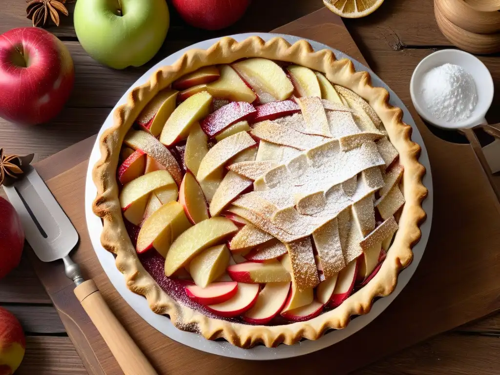 Una exquisita tarta de manzana dorada, recién horneada, con manzanas, canela y azúcar, en una mesa de madera rústica