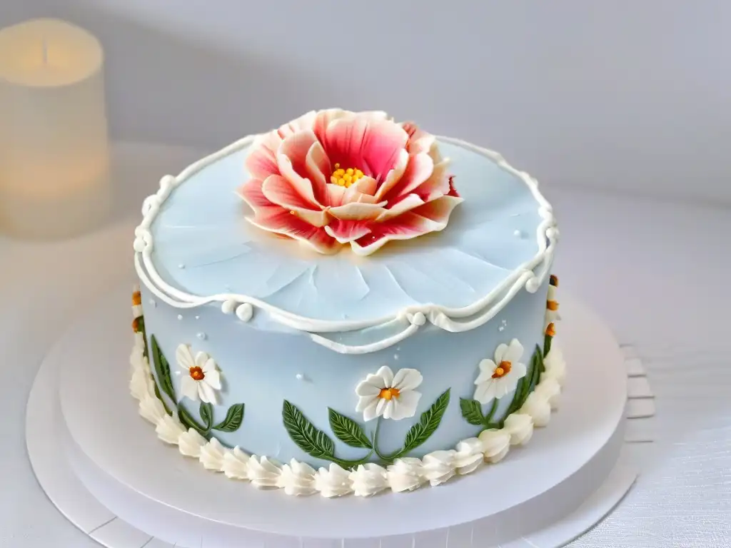 Exquisita tarta multicolor con decoración detallada y flores comestibles, destacando en concurso de repostería