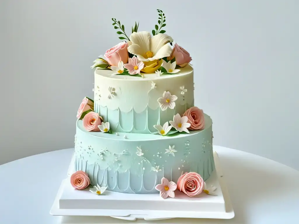 Exquisita tarta nupcial adornada con flores de azúcar en tonos pastel, reflejando la tendencia y la repostería de alta calidad