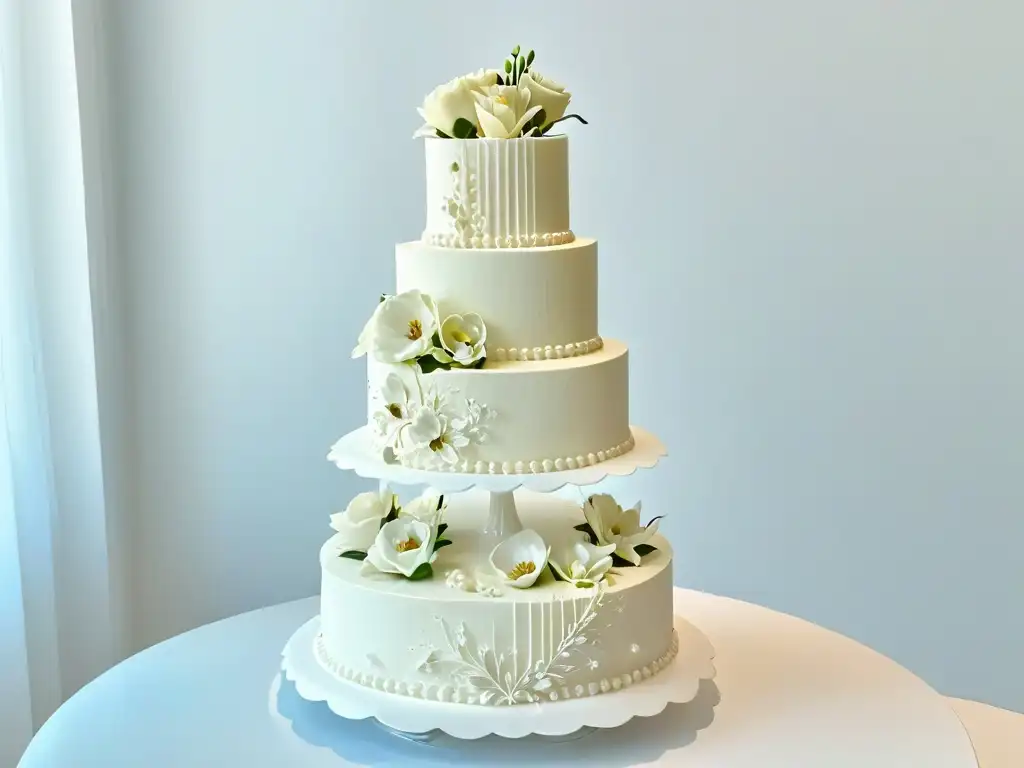 Exquisita tarta nupcial de Sylvia Weinstock con encaje de azúcar, flores delicadas y perlas comestibles, sobre pedestal blanco