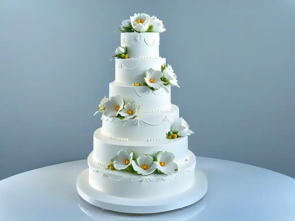 Una exquisita tarta nupcial de varios niveles con flores de azúcar y decoraciones detalladas en un pedestal blanco