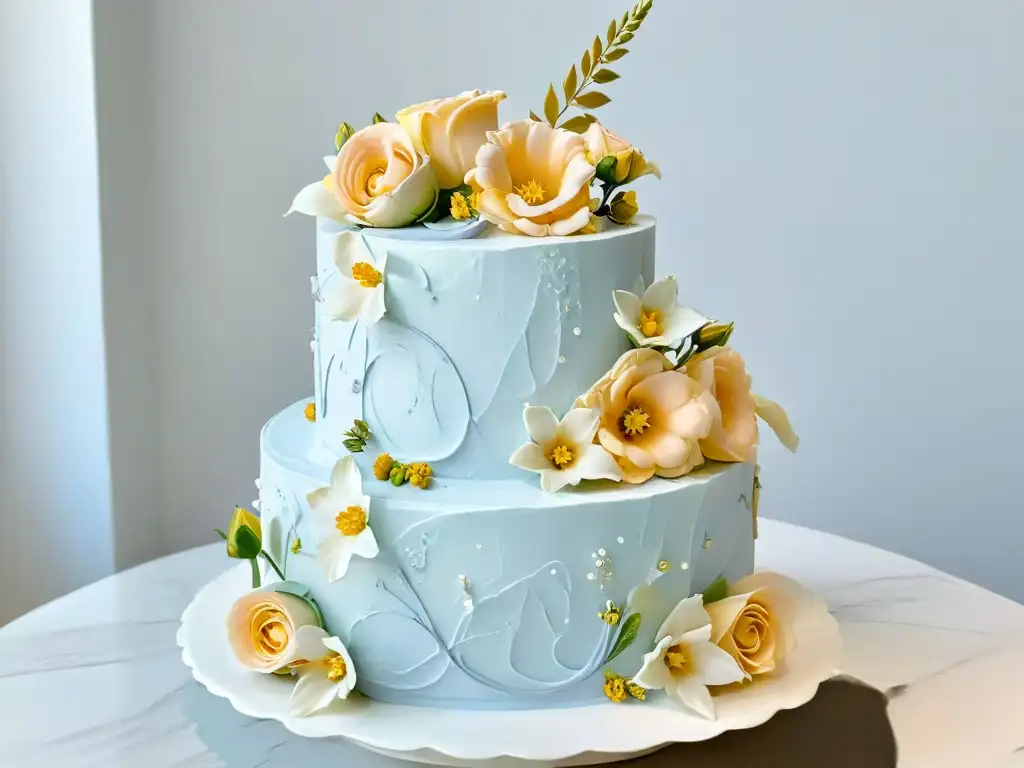 Exquisita tarta nupcial de tres niveles con flores en tonos pastel y detalles en oro comestible