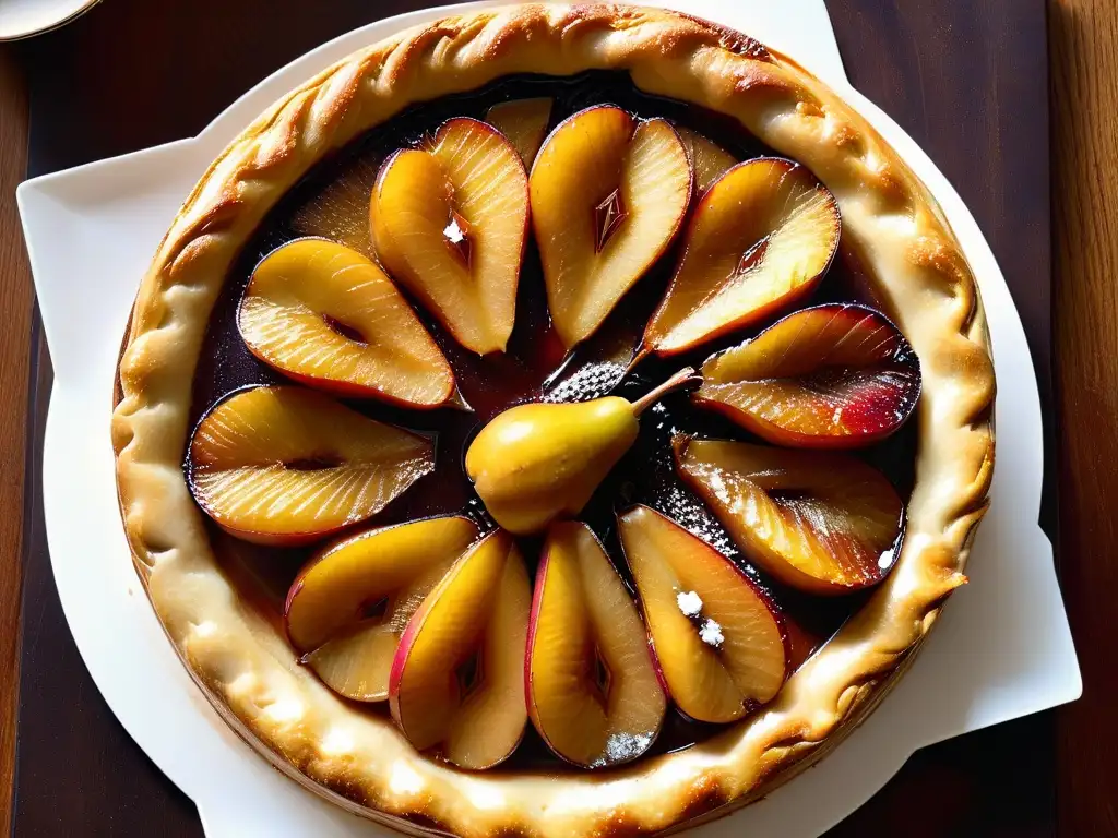 Una exquisita Tarta Tatin de pera caramelizada, con brillo dorado y peras jugosas sobre base de hojaldre