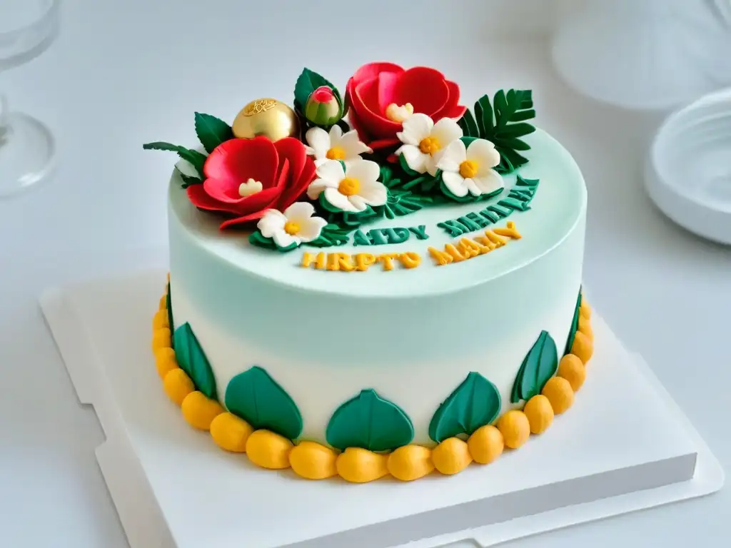 Una exquisita tarta personalizada con detalles florales vibrantes y iniciales de fondant, en un fondo blanco