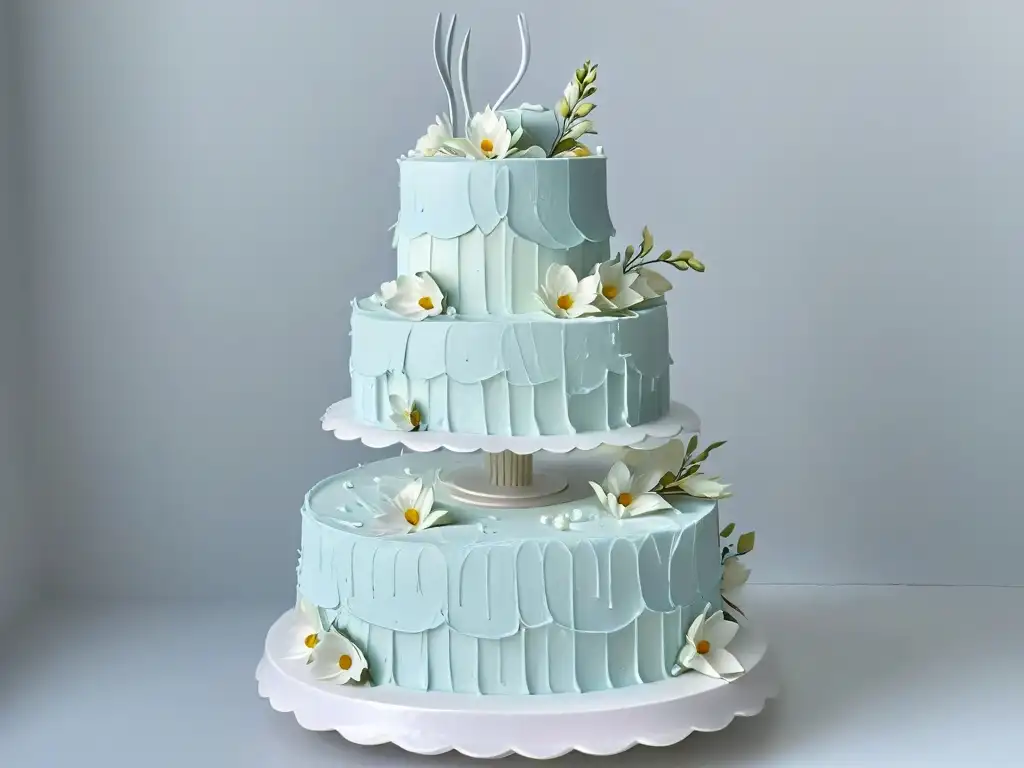 Exquisita tarta de tres pisos decorada con flores en tonos pasteles