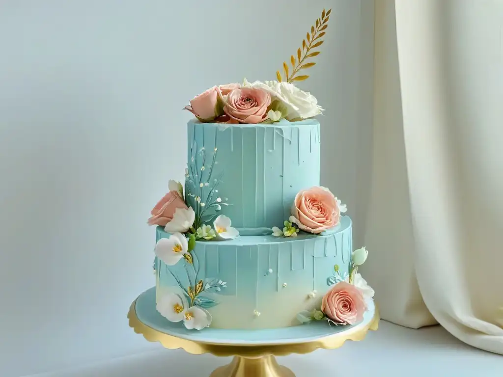 Exquisita tarta de tres pisos decorada con detalles florales en tonos pasteles sobre un soporte de mármol, elegante y sofisticada