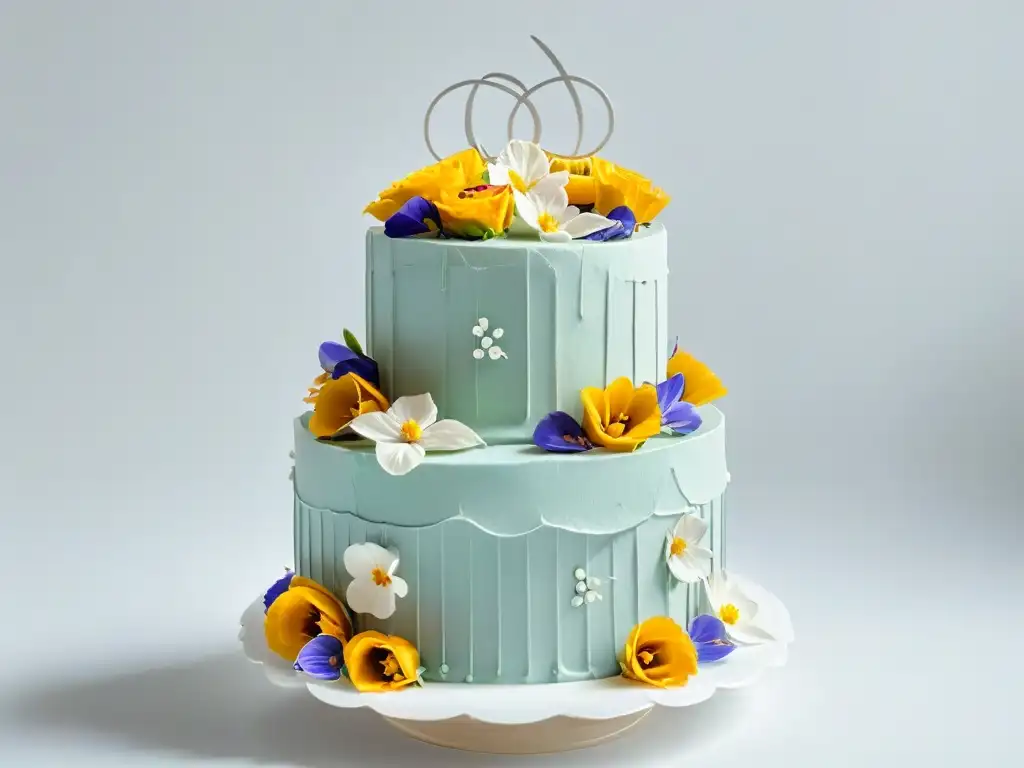 Una exquisita tarta de tres pisos decorada con flores comestibles y detalles de repostería, destacando las certificaciones online repostería éxito