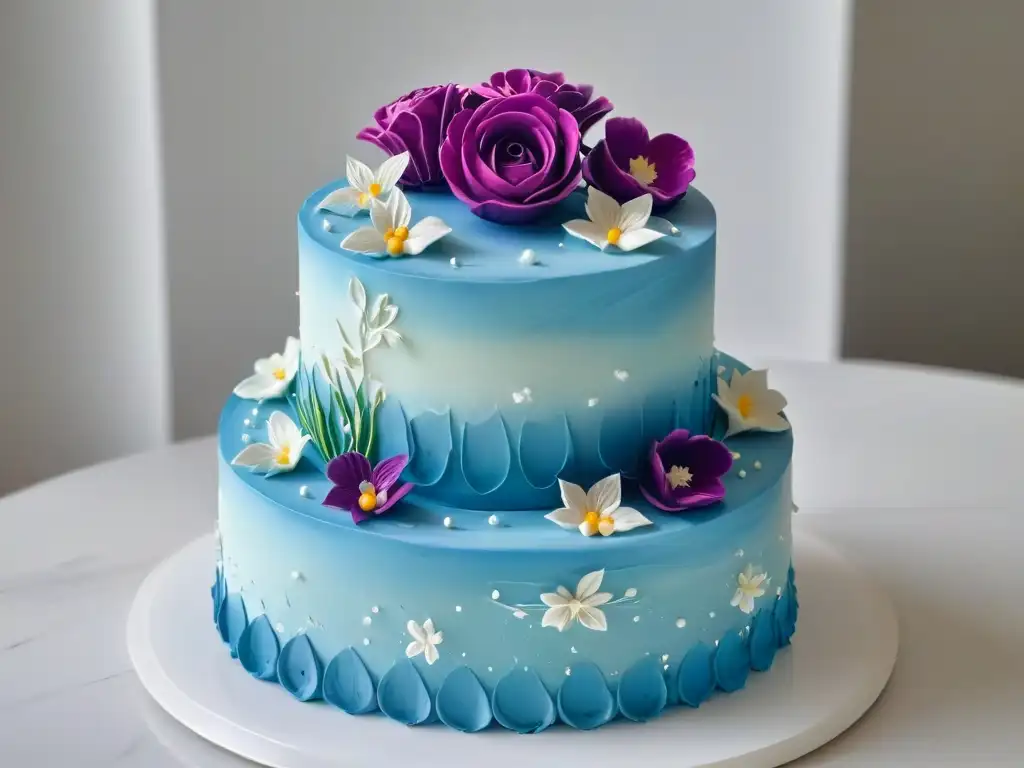 Una exquisita tarta de tres pisos decorada con detalles de fondant e intrincadas flores de azúcar