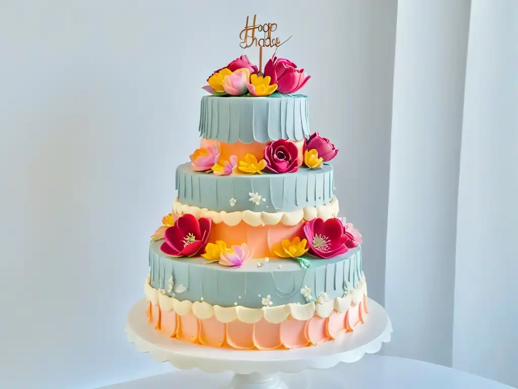 Exquisita tarta de tres pisos decorada con flores de azúcar, ideal para eventos especiales