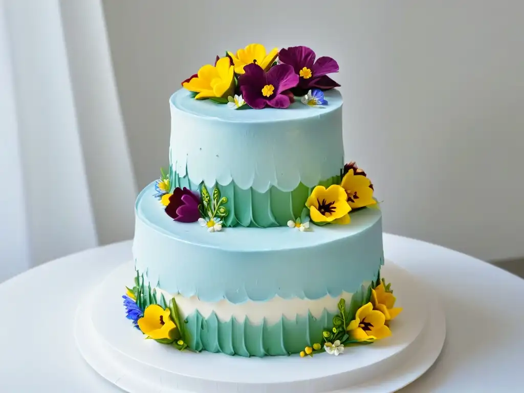 Exquisita tarta de tres pisos decorada con detalle y flores comestibles, para concurso de repostería