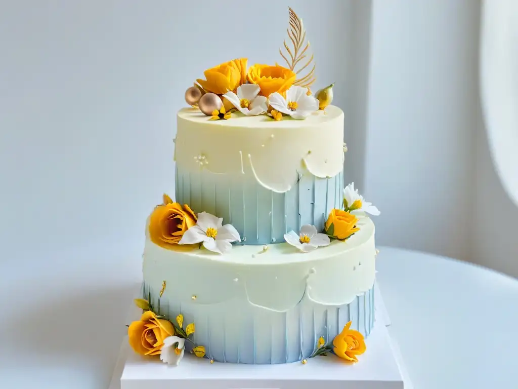 Exquisita tarta de tres pisos decorada con precisión y arte en tonos pastel, flores comestibles y detalles en hoja de oro