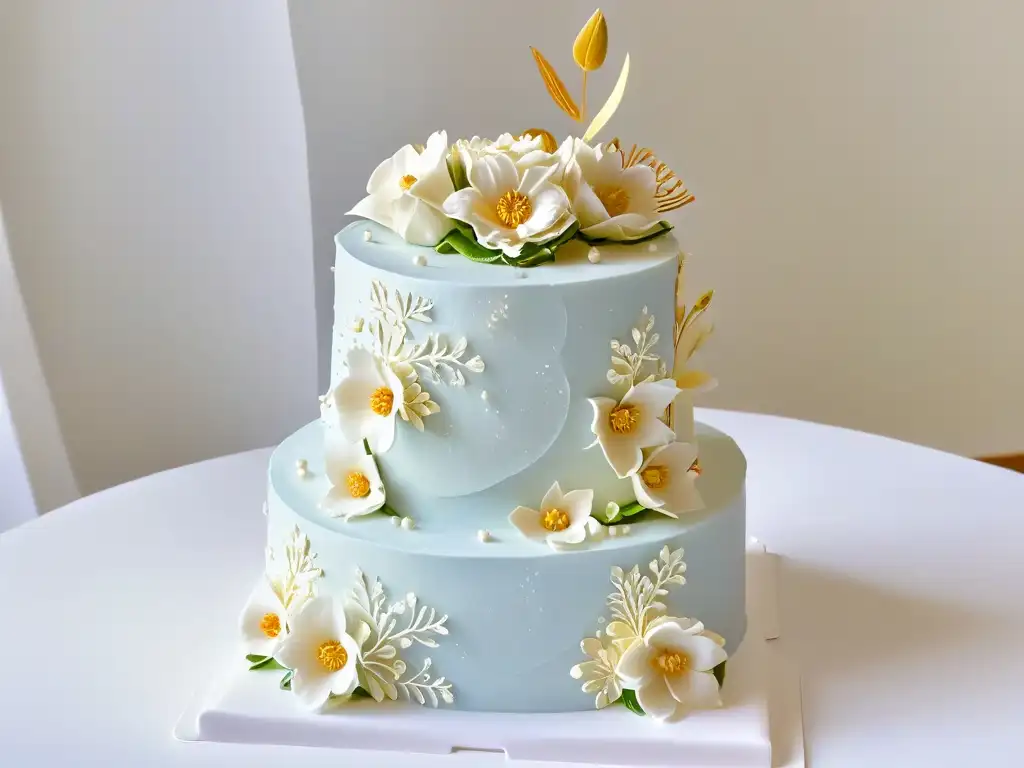 Exquisita tarta de tres pisos con decoración detallada y elegante en pedestal blanco