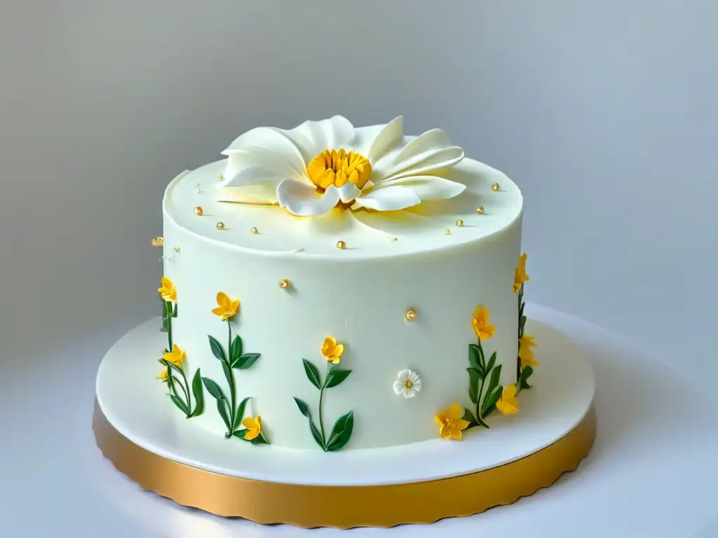 Espléndido pastel de tres pisos decorado con detalle Exquisita tarta de tres pisos con decoración detallada y brillantes detalles dorados