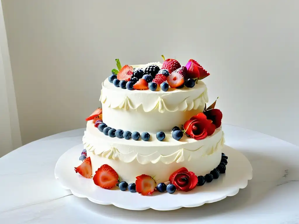 Exquisita tarta de tres pisos con detalles elaborados y colores vibrantes en un elegante entorno de cocina