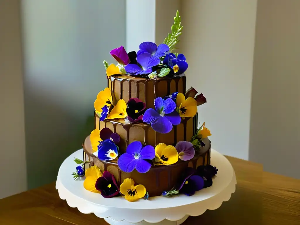 Exquisita tarta de tres pisos con flores comestibles en repostería, adornada con elegancia y colores vibrantes