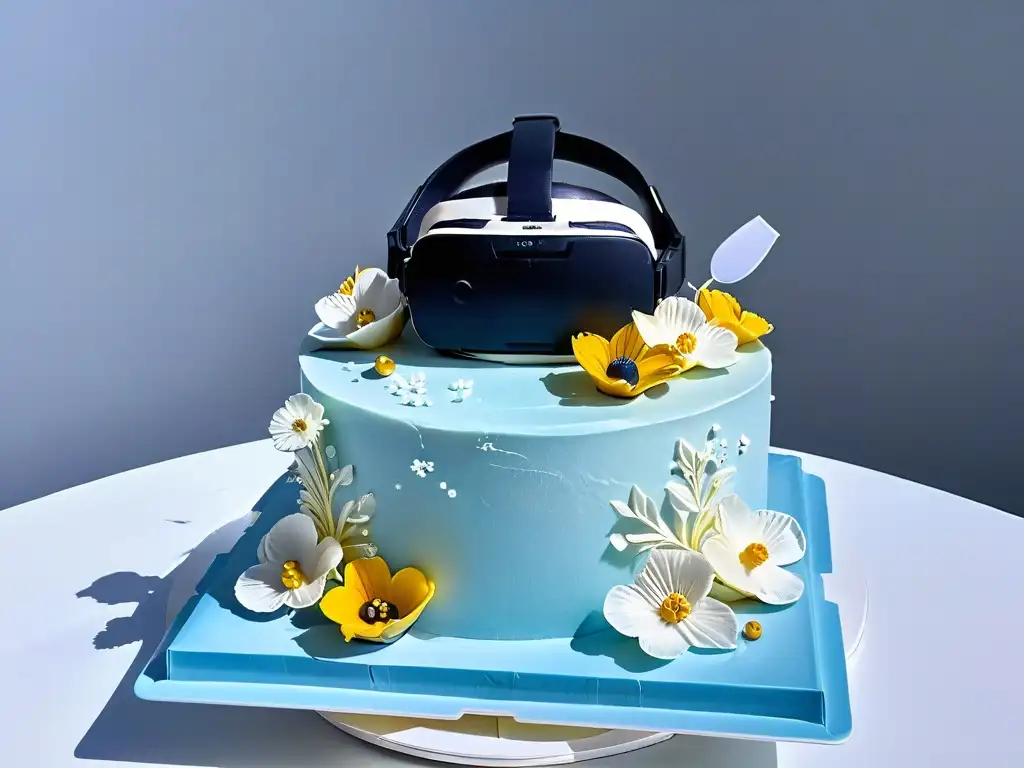 Exquisita tarta de tres pisos con flores de azúcar y detalles metálicos, junto a un auricular de Realidad Virtual en repostería