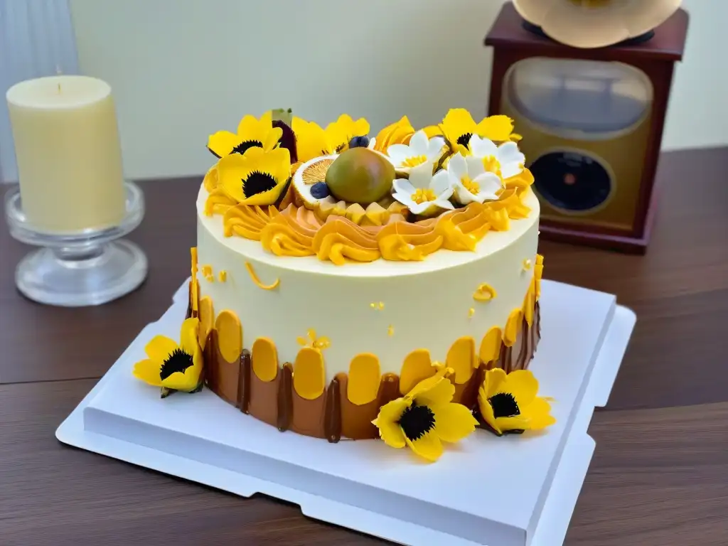 Exquisita torta de tres pisos con sabores latinos y flores de azúcar Exquisita tarta de tres pisos con fusión latinoamericana en repostería y flores de azúcar vibrantes en mármol blanco