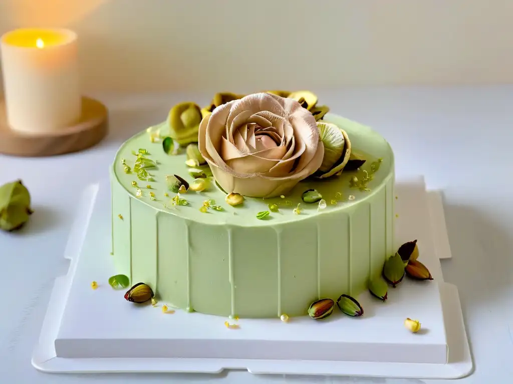 Exquisita tarta de pistacho y agua de rosas con decoración lujosa de pistachos iraníes en repostería creativa