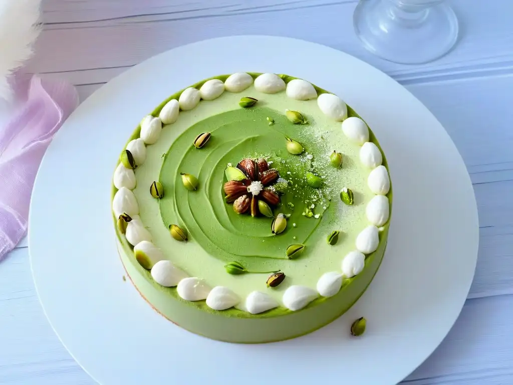 Exquisita tarta de pistachos de Irán, repostería de lujo con decoraciones de chocolate blanco