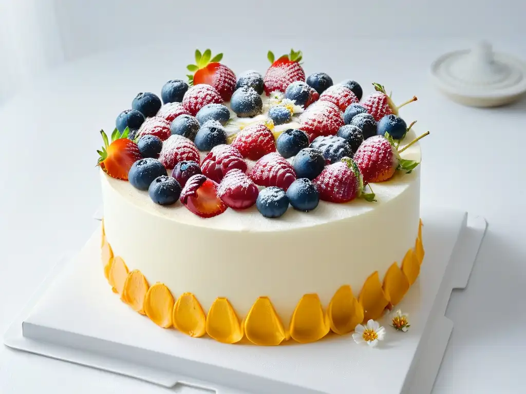 Una exquisita tarta sin azúcar para principiantes, decorada con frutas frescas y flores comestibles, en plato blanco minimalista