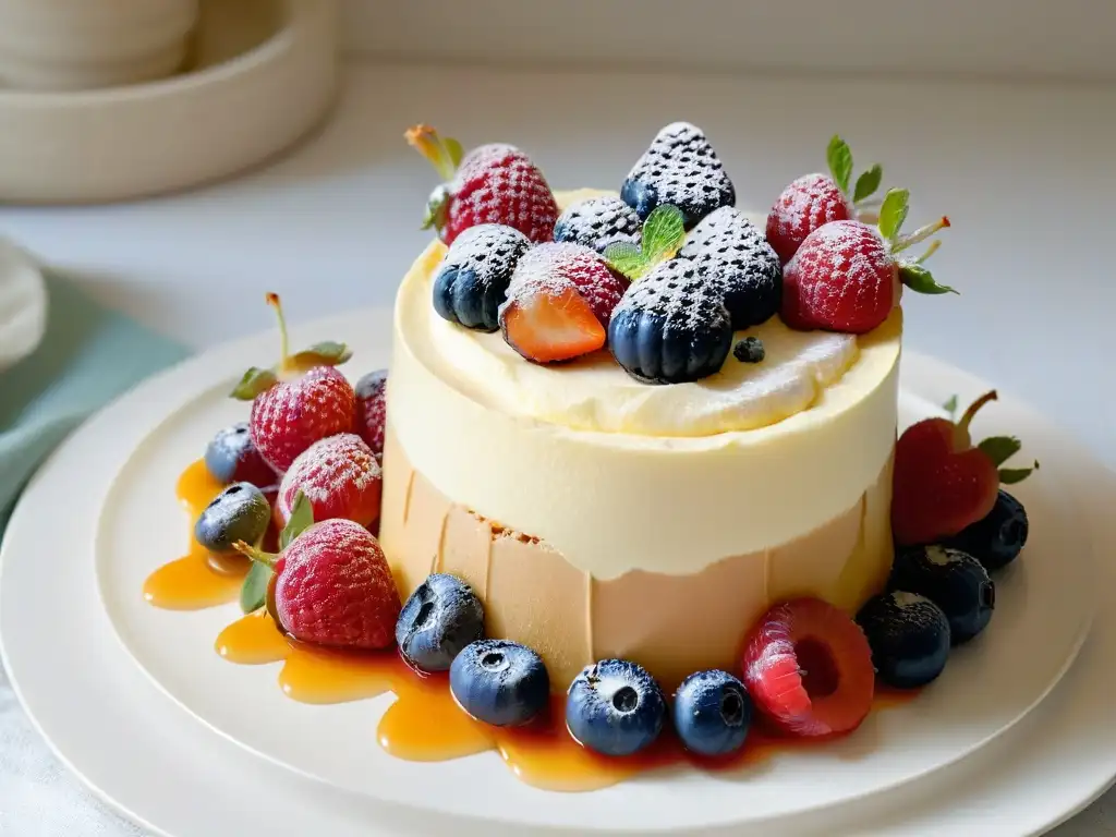 Una exquisita tarta de queso saludable con bayas frescas y miel, en una elegante presentación