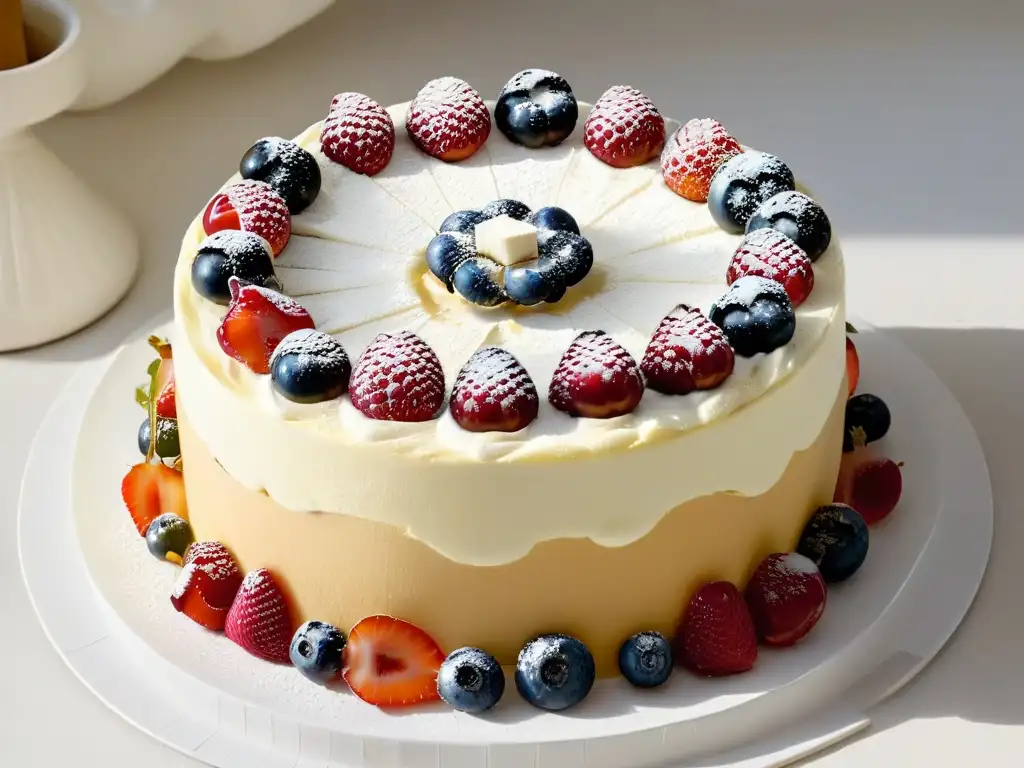 Una exquisita Tarta de Queso y Yogur Griego con Frutas del Bosque, destacando sus capas y textura cremosa