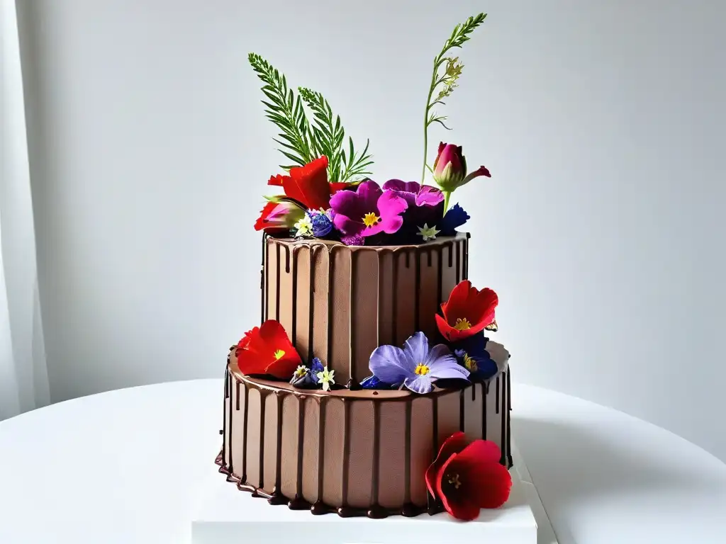 Exquisita tarta vegana de boda con flores comestibles Exquisita tarta vegana de boda con flores comestibles en un fondo blanco