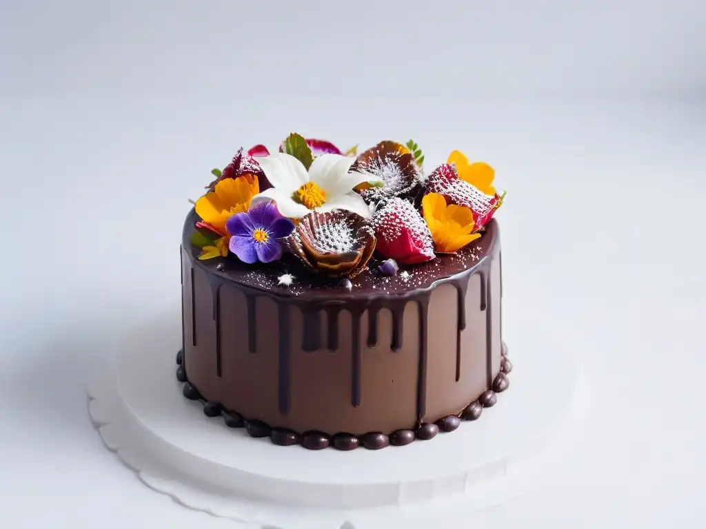 Exquisita tarta vegana de chocolate oscuro con ganache brillante y flores comestibles