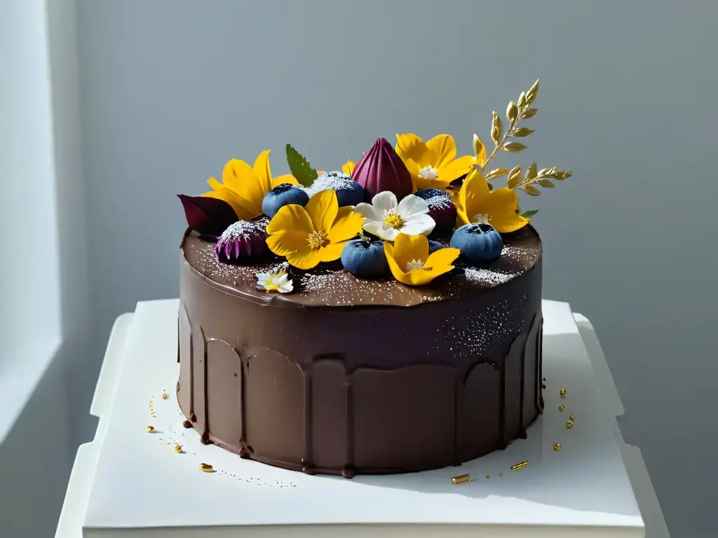 Exquisita tarta vegana de chocolate con flores comestibles y láminas de oro, destacando tendencias emergentes repostería ética
