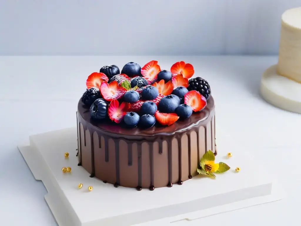 Exquisita tarta vegana de chocolate decorada con frutas y flores, sobre mármol blanco