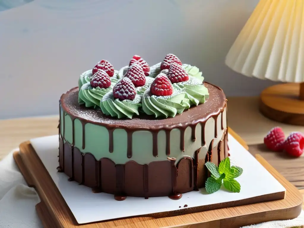 Una exquisita tarta vegana de chocolate con frosting sin lácteos, decorada con frambuesas frescas y menta en una mesa de madera rústica