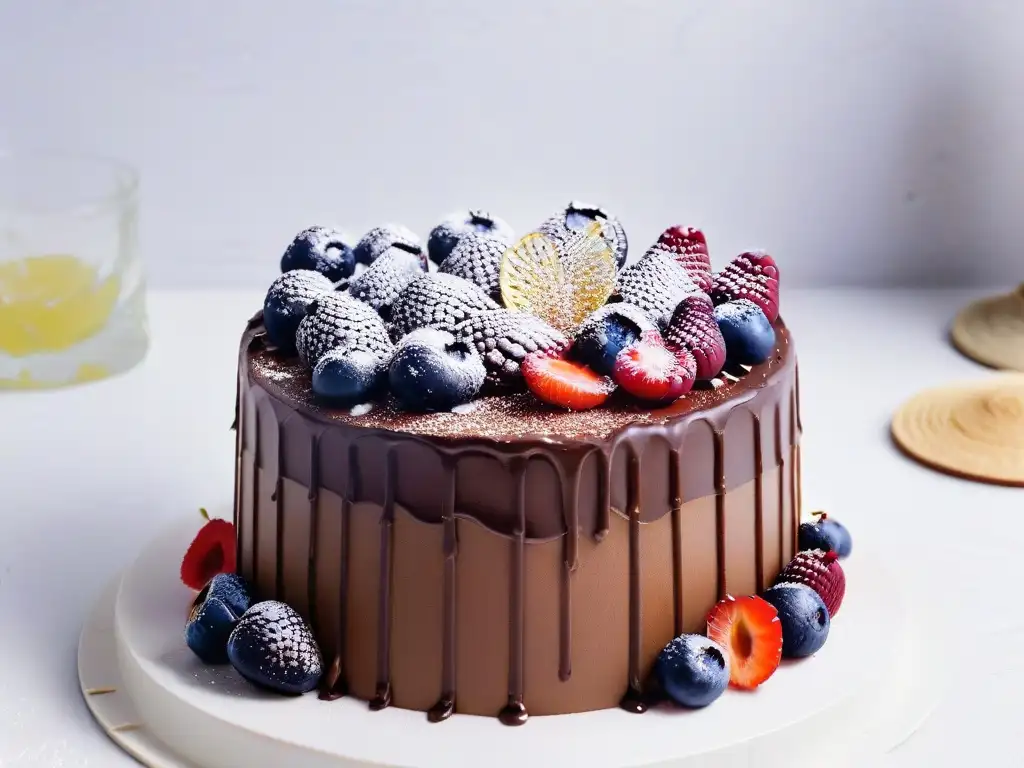 Exquisita tarta vegana de chocolate con ganache brillante y frutos rojos sobre mármol blanco