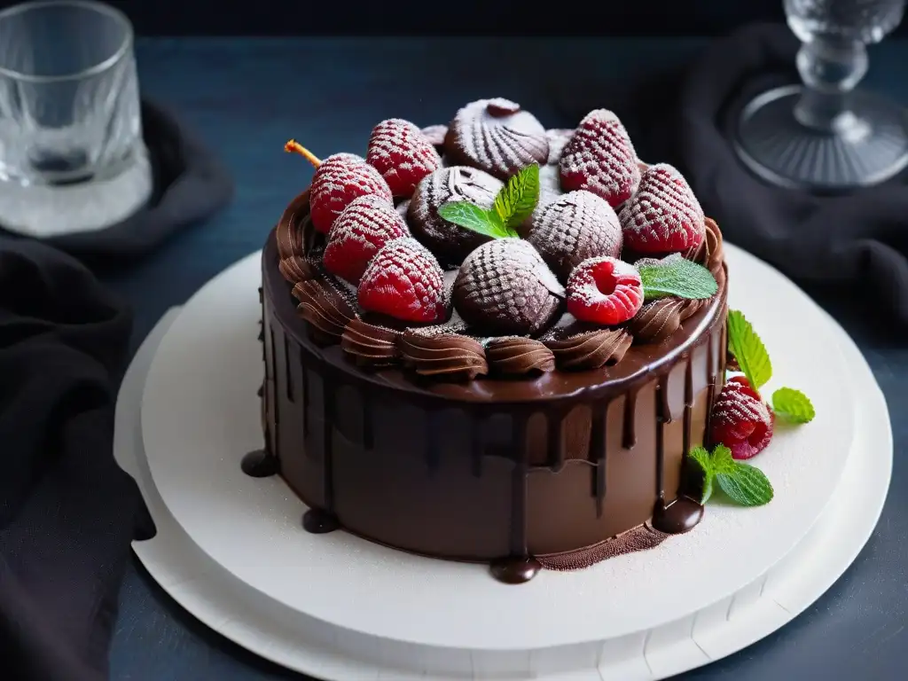 Una exquisita tarta vegana de chocolate con ganache brillante, frambuesas frescas y hojas de menta, en un plato blanco moderno