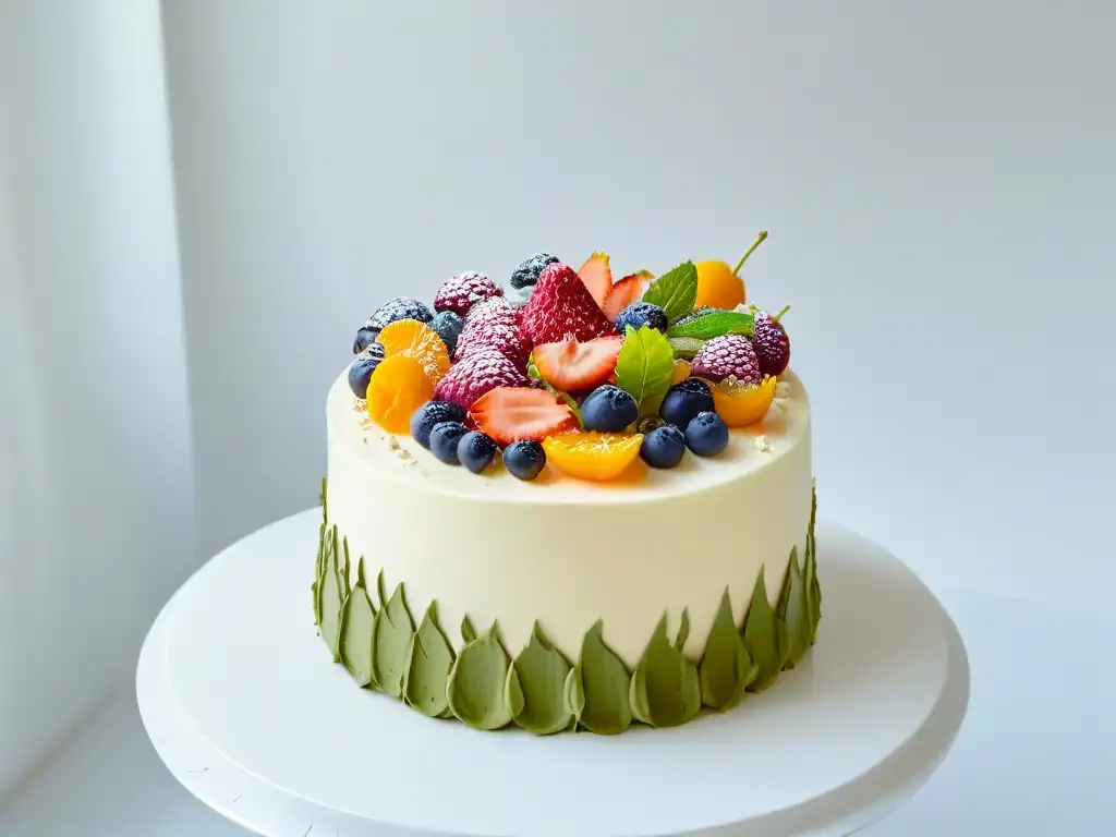 Exquisita tarta vegana decorada con flores y frutas, ideal para un negocio de repostería vegana