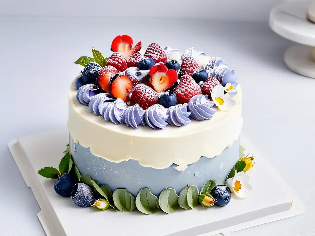 Exquisita tarta vegana decorada con frutas y flores, muestra la creatividad con sustitutos veganos del suero de leche