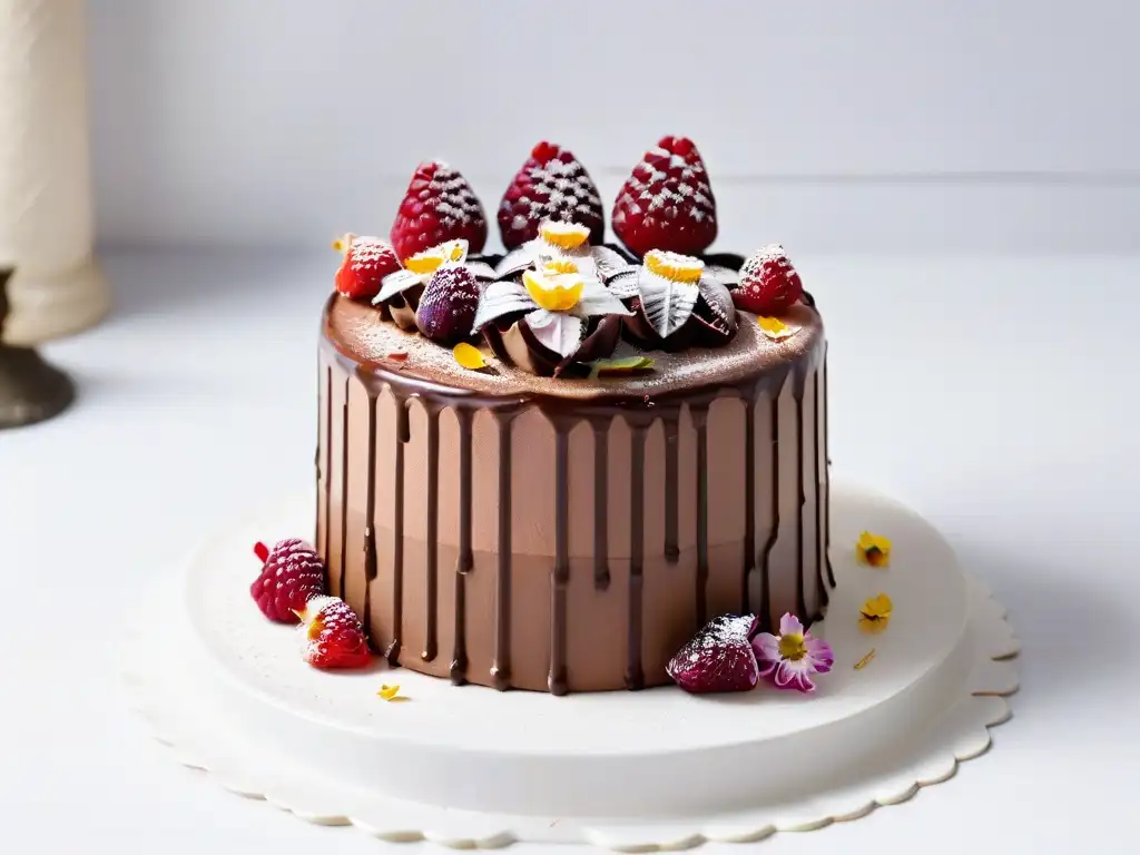 Exquisita tarta vegana de chocolate con frambuesas y flores comestibles Exquisita tarta vegana decorada con frambuesas y flores comestibles, tendencias alimenticias sostenibles repostería
