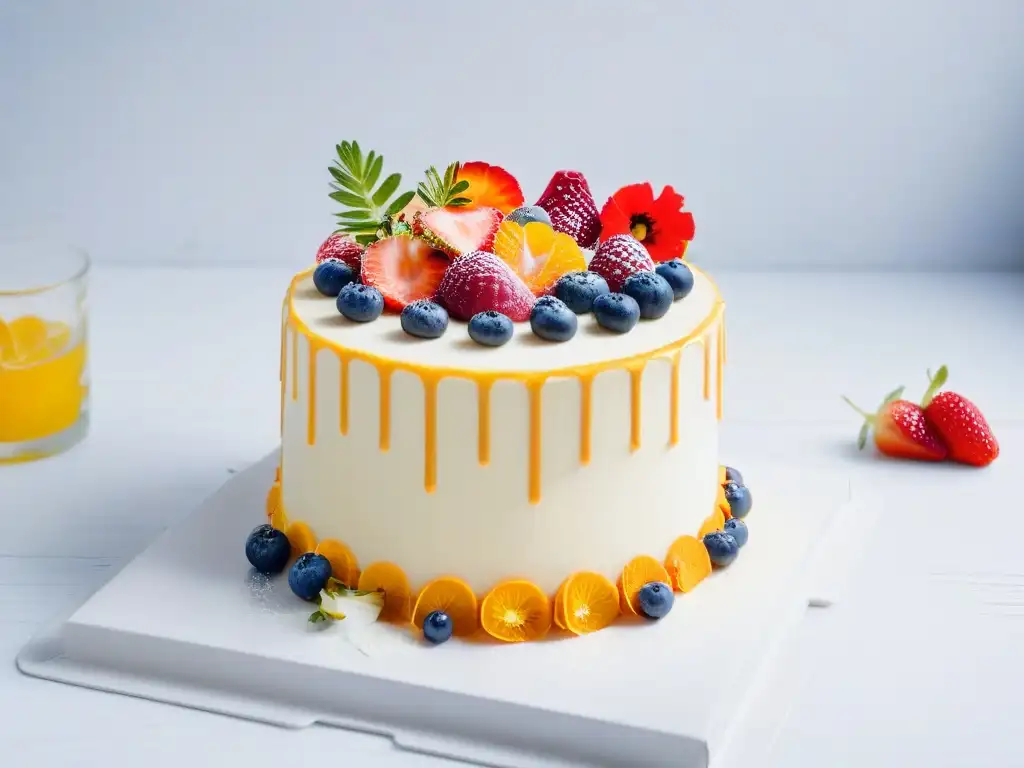 Una exquisita tarta vegana decorada con frutas frescas y flores comestibles, reflejo de los Cursos online repostería saludable vegana