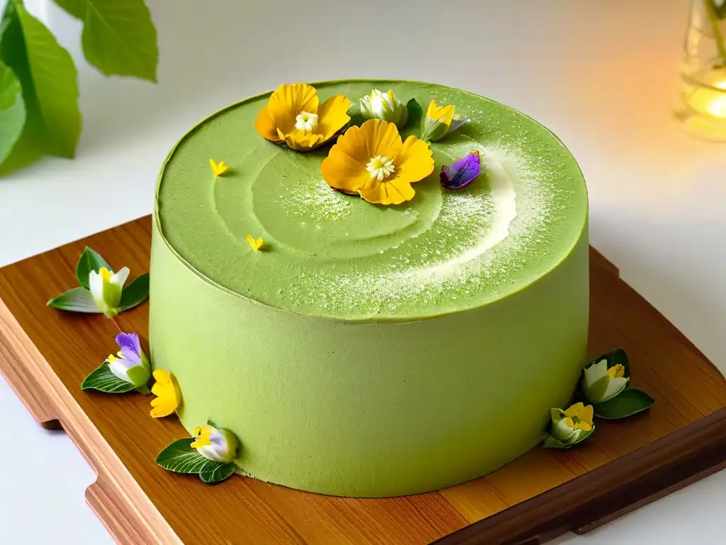 Exquisita tarta vegana de matcha con flores comestibles sobre plato de madera, destacando tendencias globales repostería sostenible