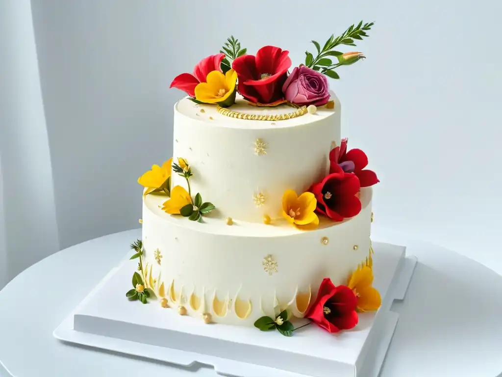 Una exquisita tarta vegana de tres pisos decorada con flores comestibles y detalles de oro, ideal para Recetas innovadoras repostería vegana