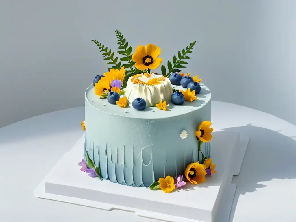 Una exquisita tarta zero waste con decoración detallada y flores comestibles sobre fondo blanco