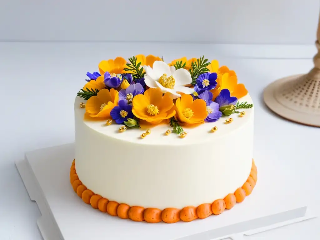 Una exquisita técnica de pastel de zanahoria de invierno decorado con flores comestibles y detalles de hojas de oro, sobre fondo blanco