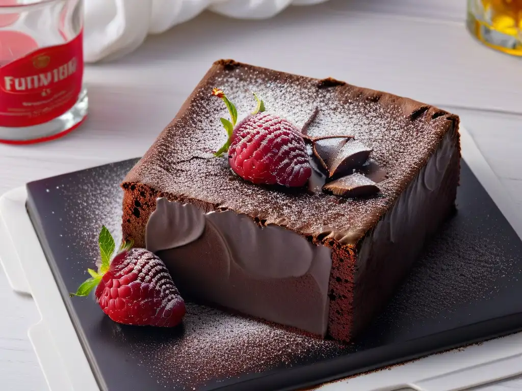 Deléitate con la exquisita textura de un brownie gourmet sin azúcar, adornado con cacao y frambuesas