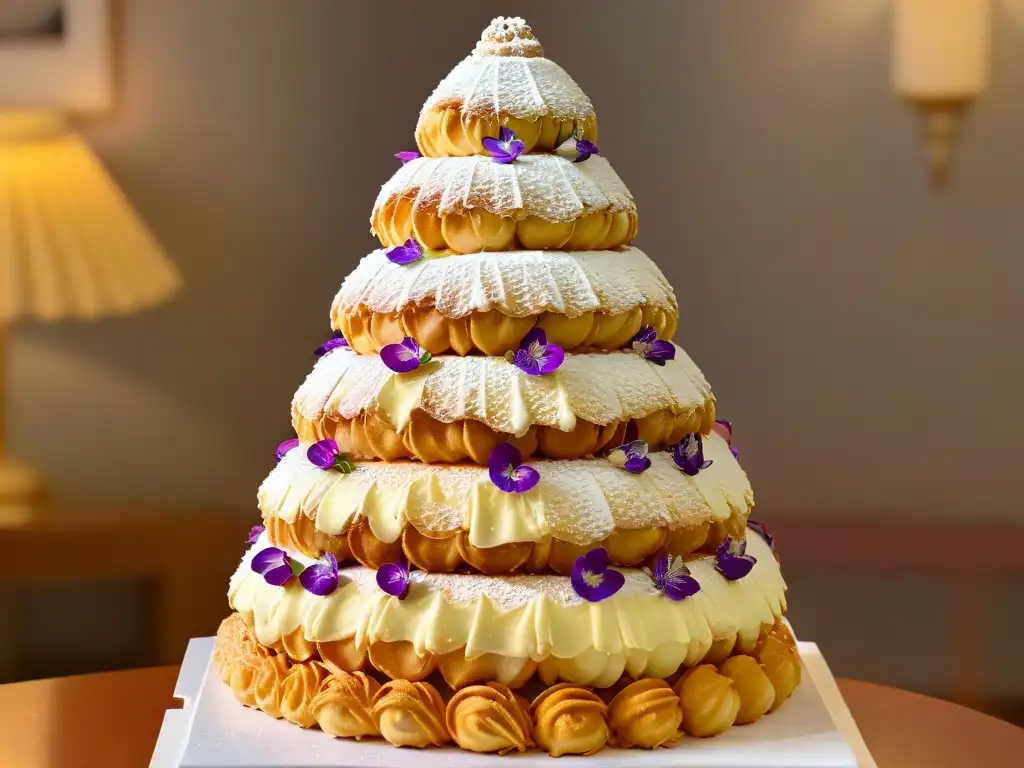 Exquisita torre de croquembouche francés con certificaciones online pastelería francesa