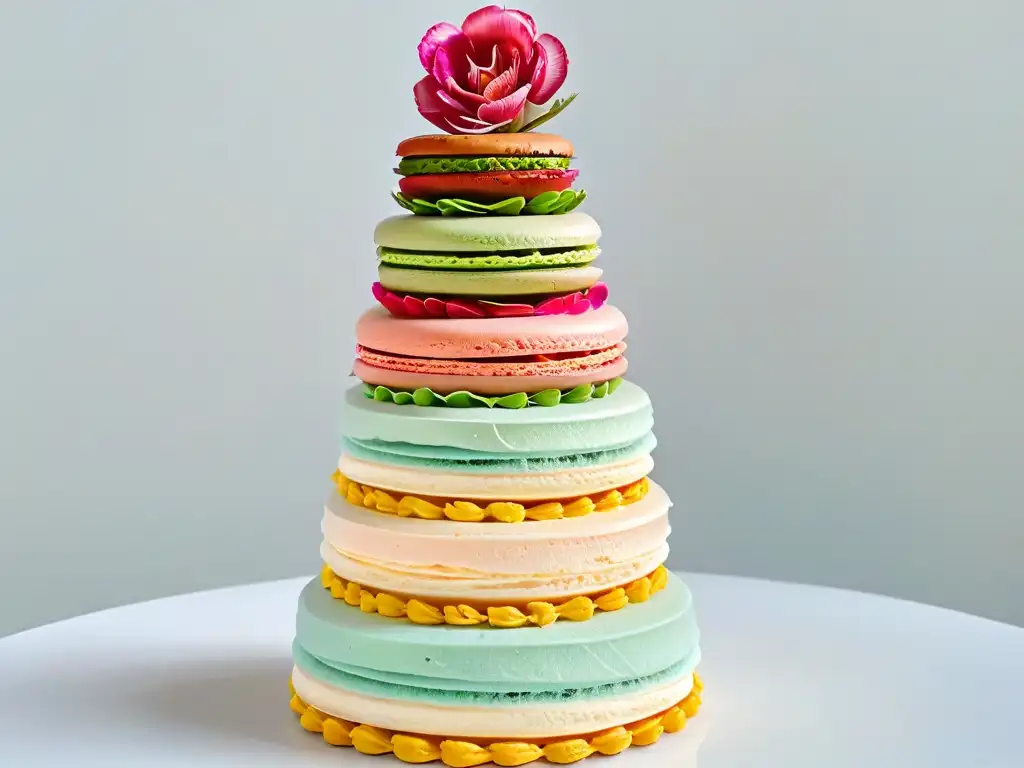 Una exquisita torre de macarons para bodas, con delicadas flores comestibles y tonos pastel en espiral perfectamente alineados