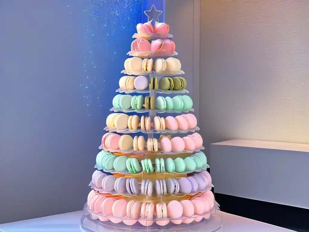 Una exquisita torre de macarons para bodas en tonos pastel, con detalles florales y luces brillantes, derrochando elegancia y encanto