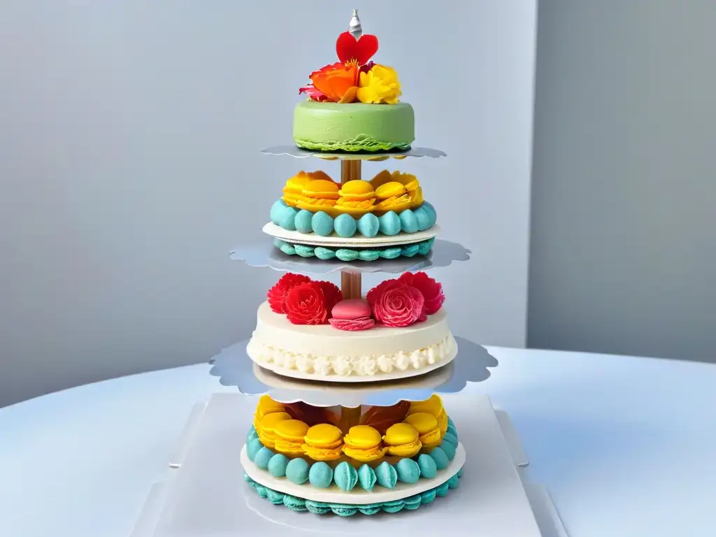 Exquisita torre de macarons, colores vibrantes y texturas delicadas, obra de arte de la repostería internacional