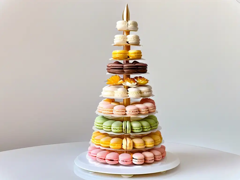 Exquisita torre de macarons, destacando colores pastel y diseños intrincados, ideal para los mejores edulcorantes para repostería